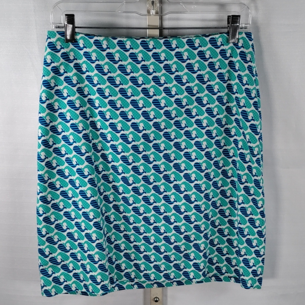 *H168 Talbots blue & aqua whale print stretch cotton skirt 4 FINAL PRICE
